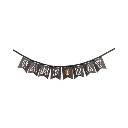 black banner with black ribbon with the ouline of white sports letters that spells GAME DAY with a football.  Used to decorate for Football Games on Game Day!