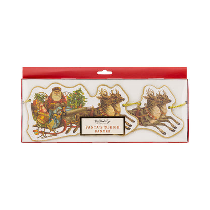 Vintage Santa's Sleigh Banner - Gold Glitter Holiday Garland