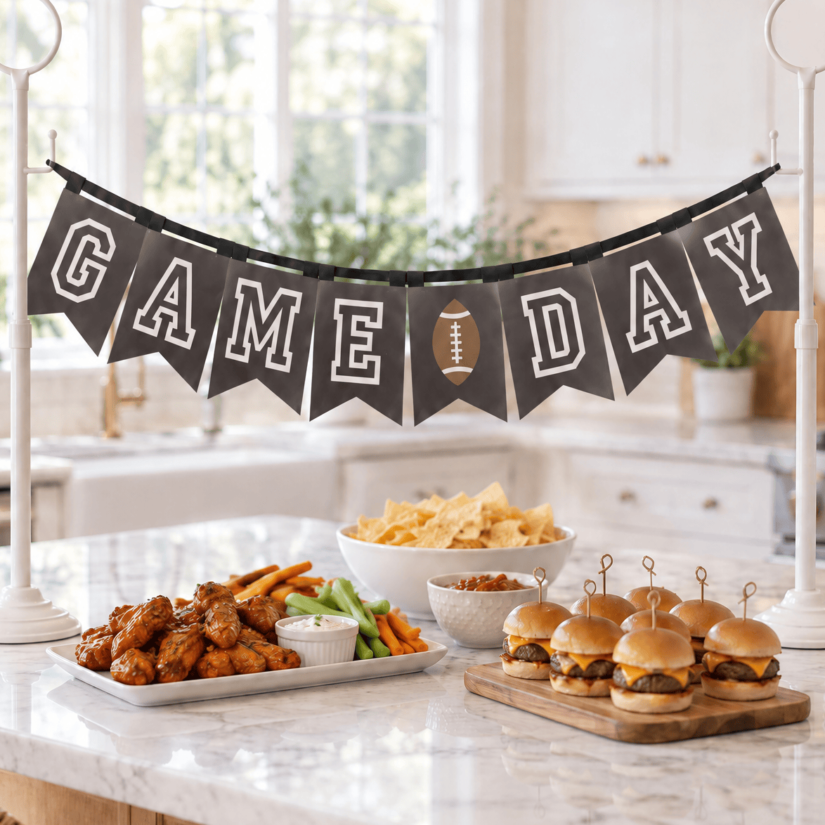 A 'GAME DAY' banner made of black pennants with white block letters and a small football detail hangs on a kitchen island. The kitchen is styled with football snacks including chicken wings, chips, salsa, and sliders on a marble countertop.