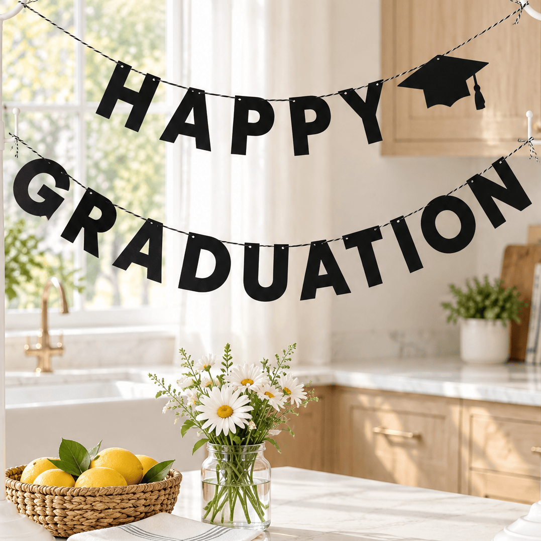 A black 'HAPPY GRADUATION' banner with a small graduation cap accent hangs between two white display stands on a bright kitchen island. The scene includes a basket of lemons, a folded striped towel, and a vase of white daisies, with a blurred kitchen background.