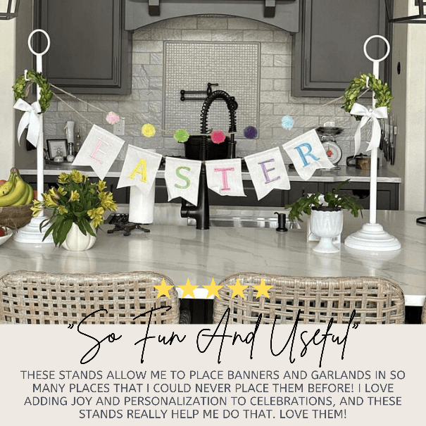 Tabletop banner stand displaying a lightweight wreath centerpiece